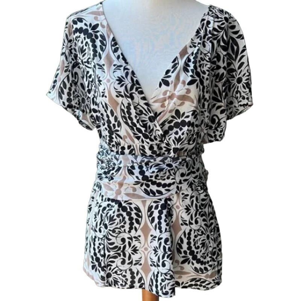 ODILE Anthropologie Sz 2 Blouse Top Black Beige Floral Front Tie Workwear Shirt - Picture 1 of 8